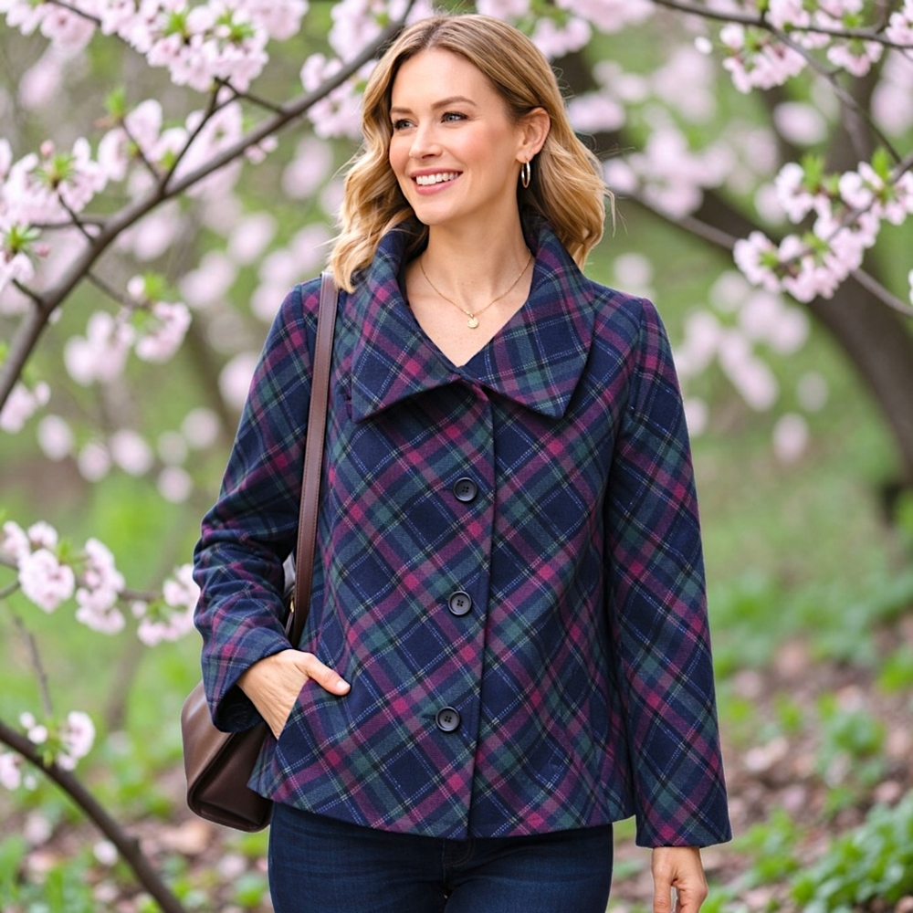 Talbots Plaid Wool Blend Jacket 18W Pea Coat Pocket Swing Lined Oversized Collar - Picture 14 of 16